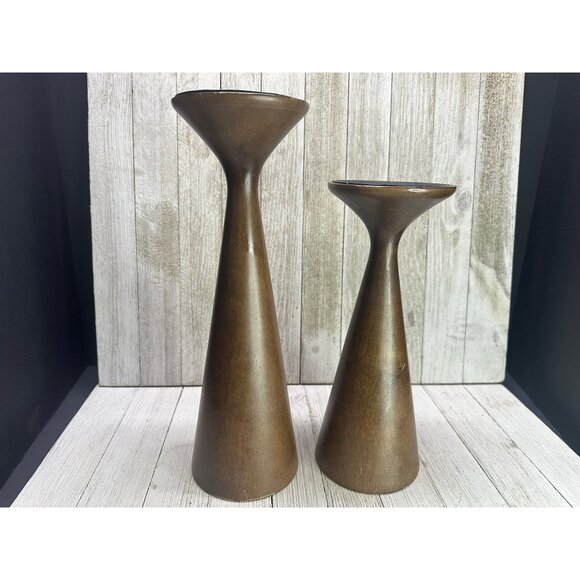 Vtg Mid Century Wooden Candlestick Holders Teak Color 12" & 10" Tall Set of 2 - Picture 2 of 9